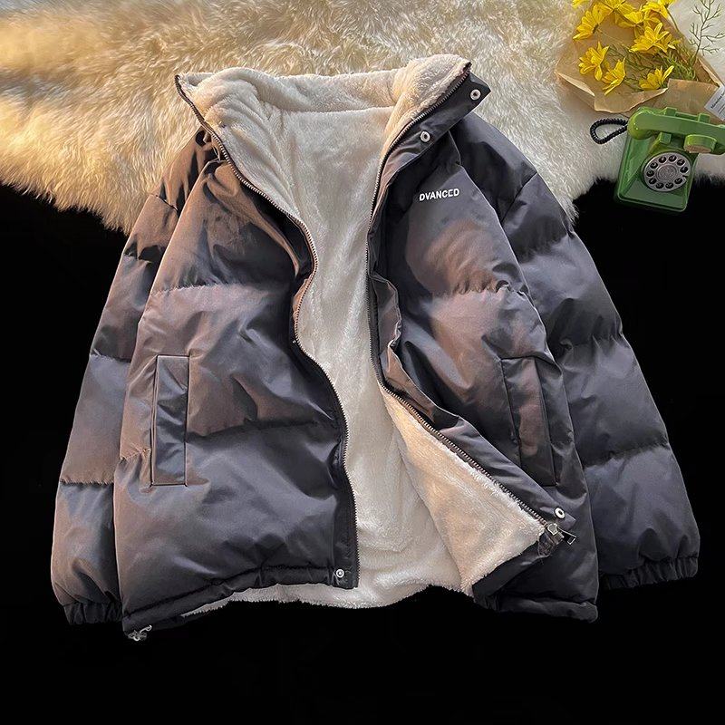 Winter cotton-padded jacket for men plus fleece bread coat trendy brand ins stand-up collar solid color couple cotton-padded jacket Korean version handsome thickened jacket