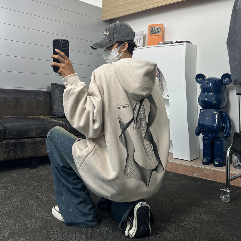 400g high quality suede casual loose hooded trendy men's sweatshirt for men