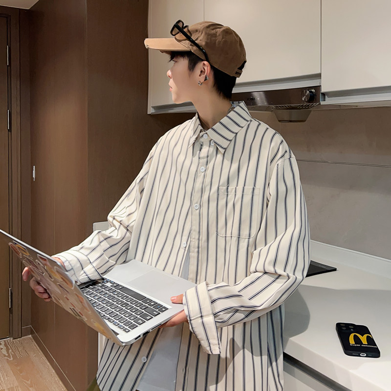 Japanese retro trend design niche shirt autumn neutral style long-sleeved striped shirt