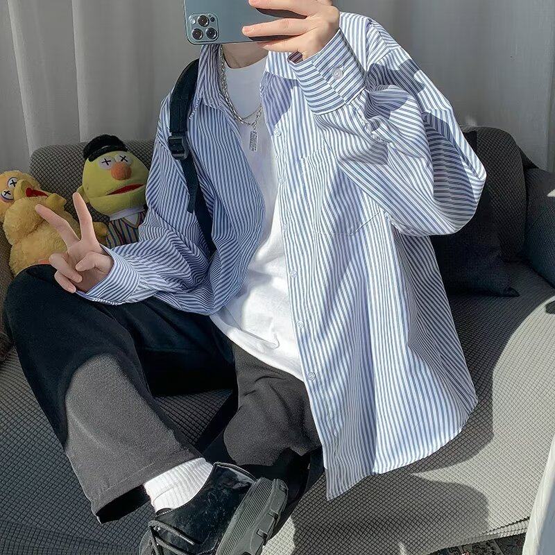 Solid color long-sleeved striped shirt, trendy men's versatile Japanese style Korean style loose spring and autumn shirt jacket