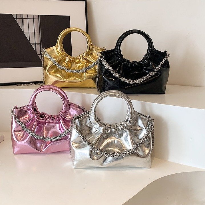 2024 summer new silver bag niche designer pleated magnetic buckle ring hand-held chain bag soft bag