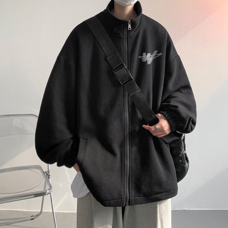 Waffle cardigan men's coat men's jacket men's loose waffle top men Hong Kong style