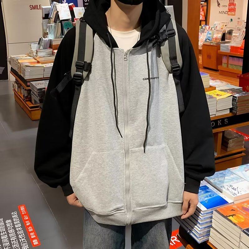 Hong Kong style stitching hooded sweatshirt cardigan men's autumn trendy high street casual letter printed loose jacket
