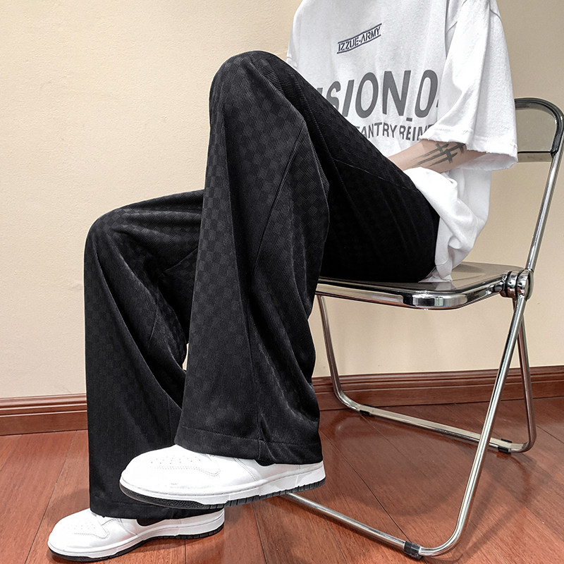 Summer checkerboard ice silk trousers men's large size loose drape straight wide leg floor mopping trousers-K886-P45