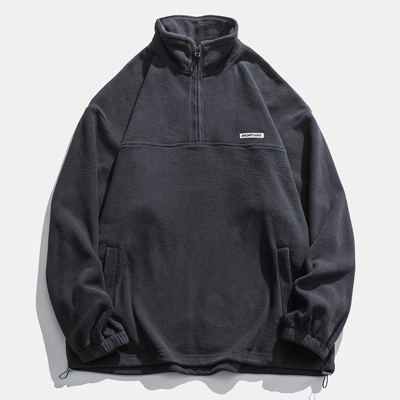 Half-zip solid color couple sweatshirt loose casual Hong Kong style lamb wool sweatshirt jacket