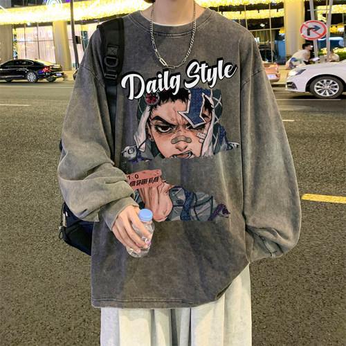 Live broadcast quality heavyweight cotton American batik washed and distressed trendy brand loose long-sleeved T-shirt