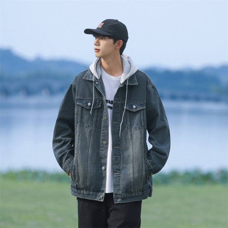 Retro washed hooded denim jacket men's autumn new trendy brand handsome work jacket top