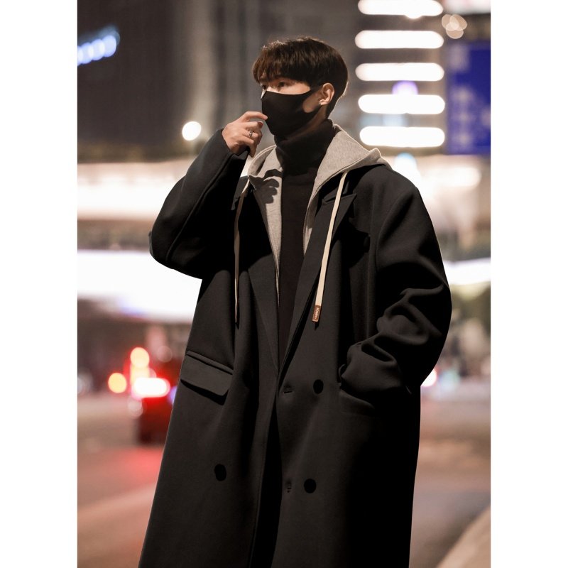 Autumn and winter mid-length woolen coat Korean style high-end handsome windbreaker fake two-piece hooded coat