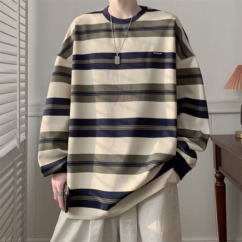 Autumn new American trendy brand t-shirt inner top couple bottoming shirt round neck striped long-sleeved T-shirt for men