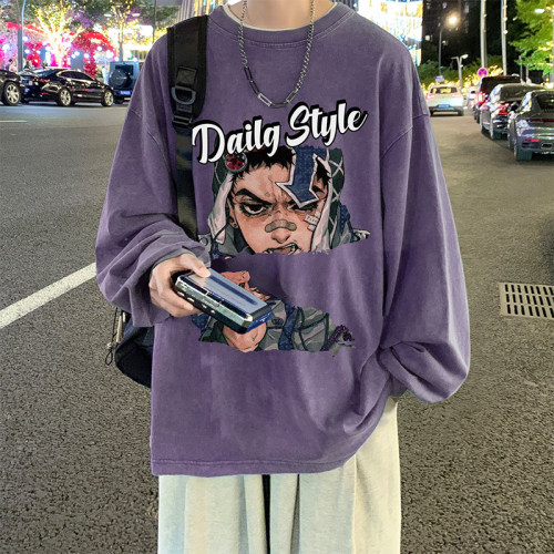 Live broadcast quality heavyweight cotton American batik washed and distressed trendy brand loose long-sleeved T-shirt