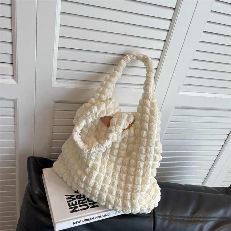 Korean style pleated puff bag girl's shoulder bag for work lunch bag trendy large capacity cloud armpit tote bag