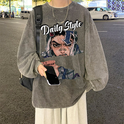 Live broadcast quality heavyweight cotton American batik washed and distressed trendy brand loose long-sleeved T-shirt