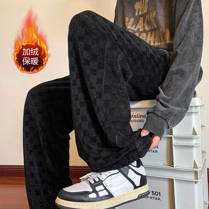 Velvet and thickened European cotton velvet checkerboard casual pants straight-leg floor mopping pants