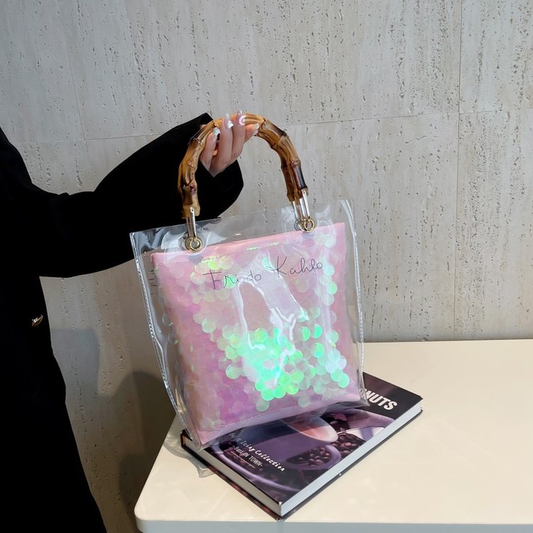 New Summer Sequined Jelly Transparent Bag Women's Fashion Versatile Bamboo Letter Bucket Bag Korean Straw Shoulder Bag