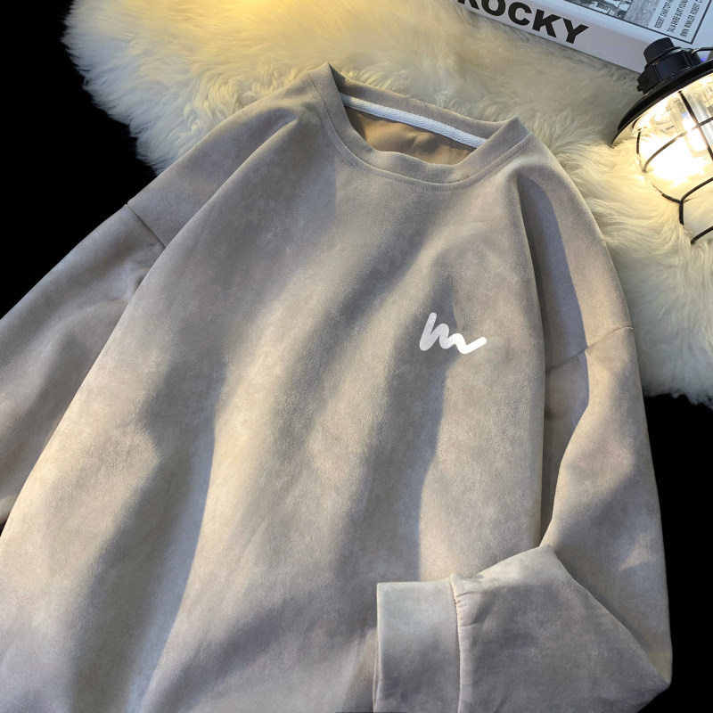 Suede sweatshirt men's spring and autumn oversize trendy brand large size loose jacket round neck pullover top