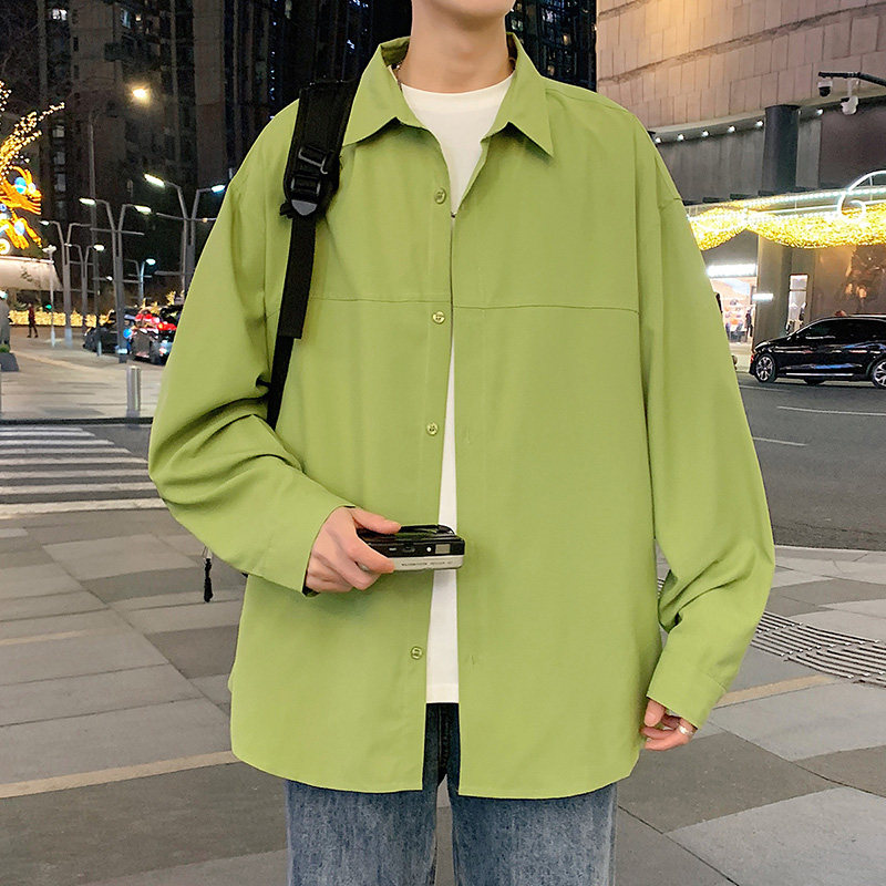 Men's autumn new Hong Kong style loose solid color long-sleeved shirt