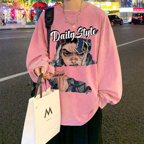 Live broadcast quality heavyweight cotton American batik washed and distressed trendy brand loose long-sleeved T-shirt