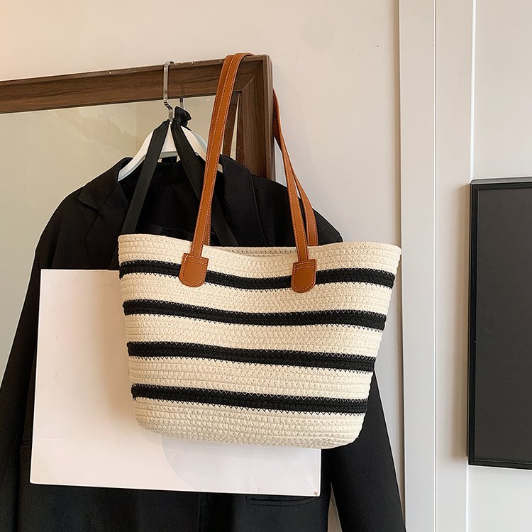 Versatile Striped Shoulder Cotton Woven Bag New Style Straw Bag Woven Bag Holiday Style Beach Bag Tote Women's Bag