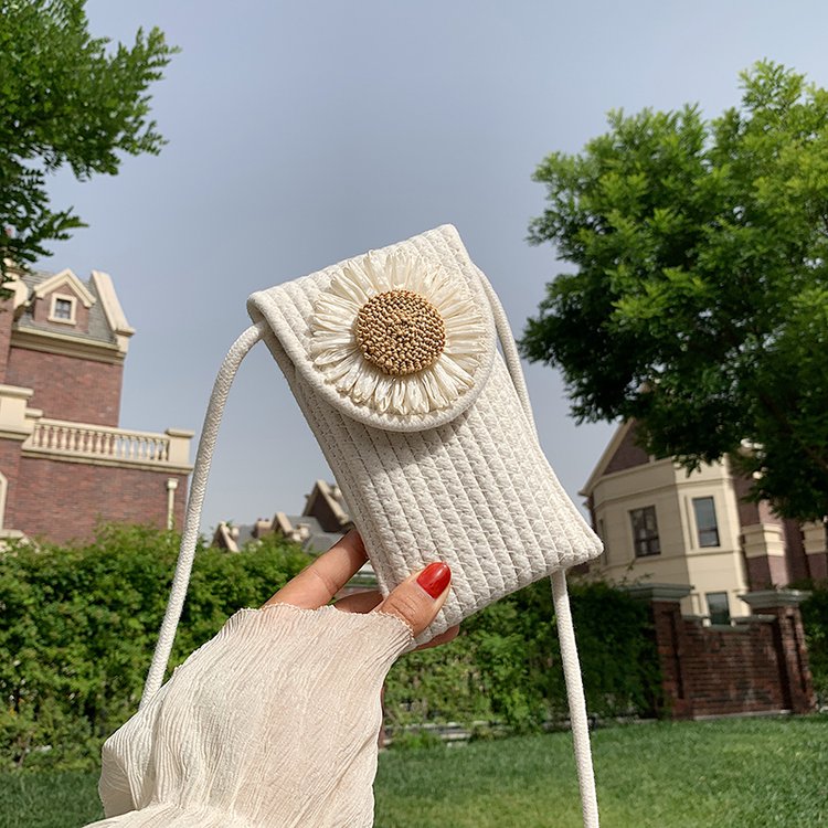 Cross-border new woven bag flower shoulder crossbody women's bag beach vacation mobile phone bag cotton rope woven lipstick bag