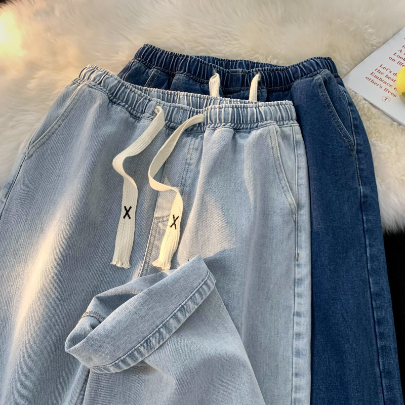 Hong Kong Style Spring New Large Drawstring Jeans Loose Large Size Pants