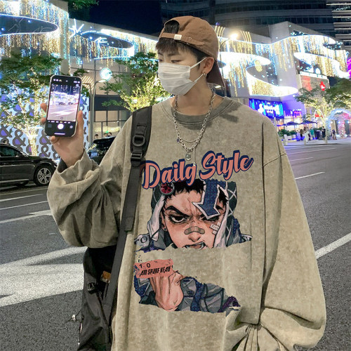 Live broadcast quality heavyweight cotton American batik washed and distressed trendy brand loose long-sleeved T-shirt