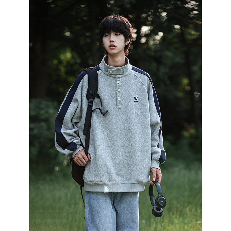 American Retro Spliced ​​Stand Collar Casual Sweater Couple Japanese Loose Jacket
