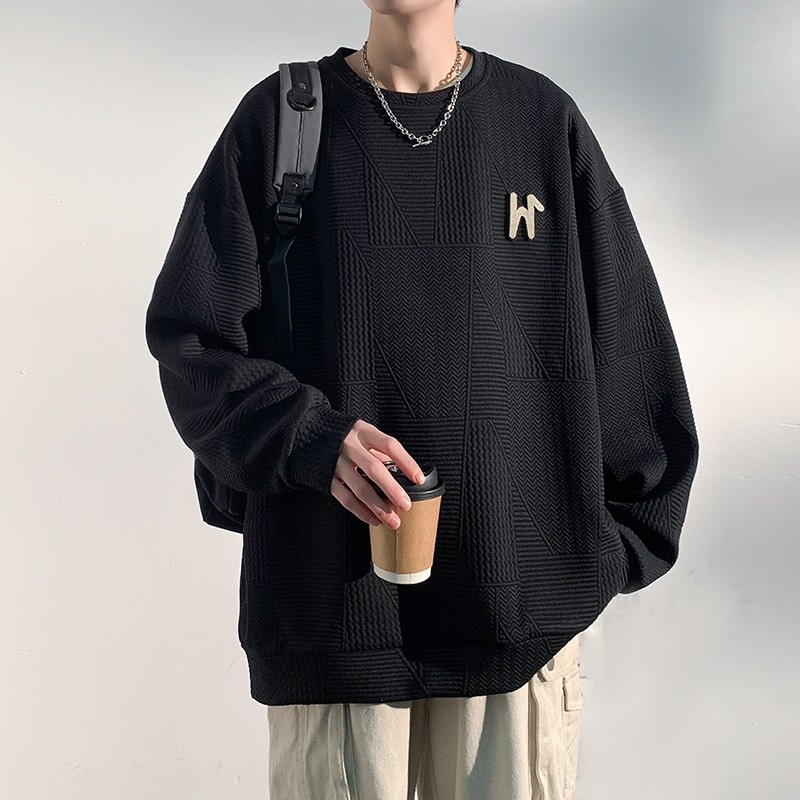 Spring Hong Kong style toothbrush embroidered patch jacquard large size round neck bottoming shirt men's loose sweatshirt