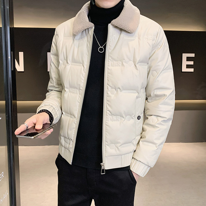 Lamb fur collar men's jacket handsome casual white duck down jacket men's PU leather top