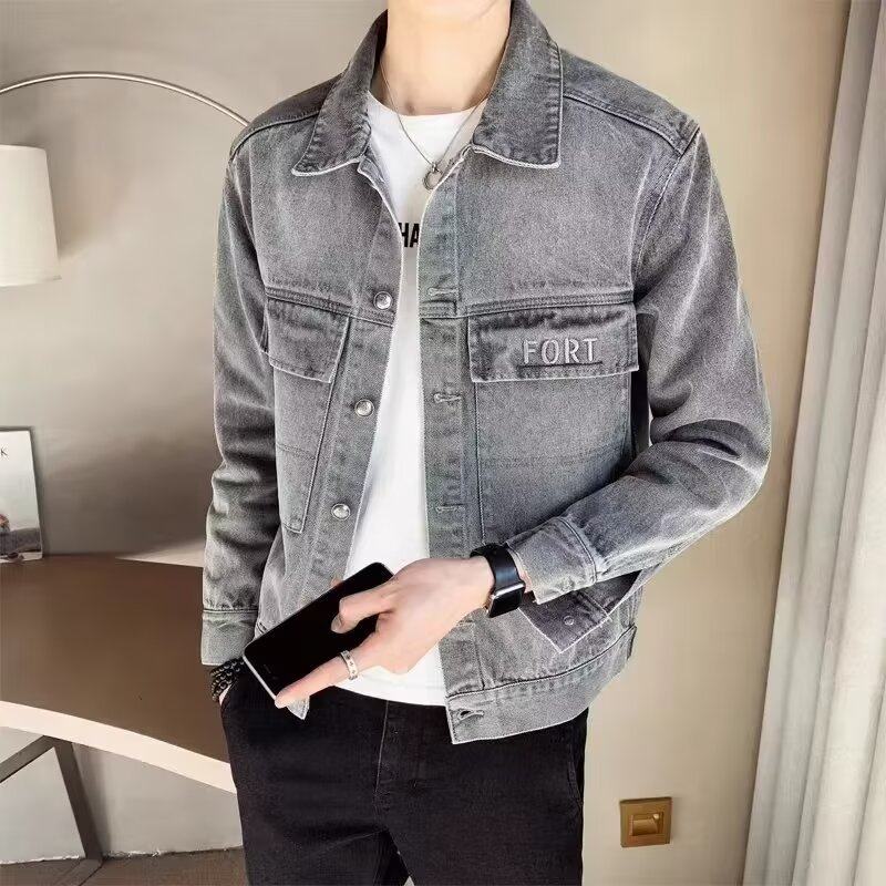 Denim jacket men's trendy brand ins lapel casual handsome workwear denim spring jacket top