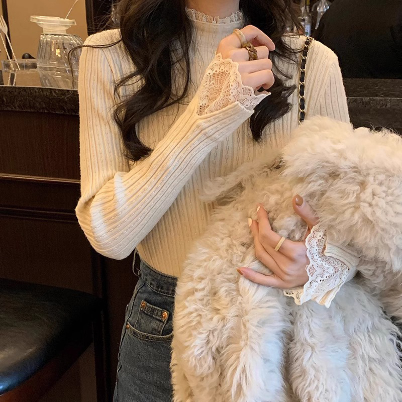French half turtleneck lace inner bottoming sweater autumn and winter slim sweater long-sleeved thickened top for women