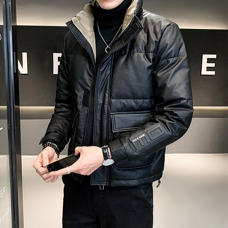 Shopkeeper style men's winter down jacket spliced ​​printed stand collar spirit leather down jacket