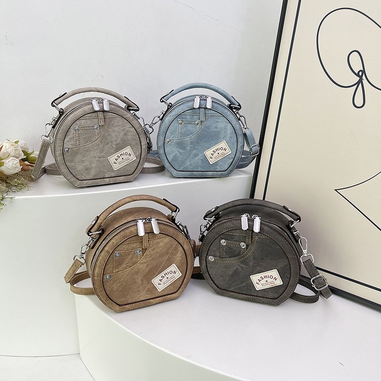 One piece drop shipping autumn retro denim round cake bag 2024 new high-end contrast color portable small round bag wholesale