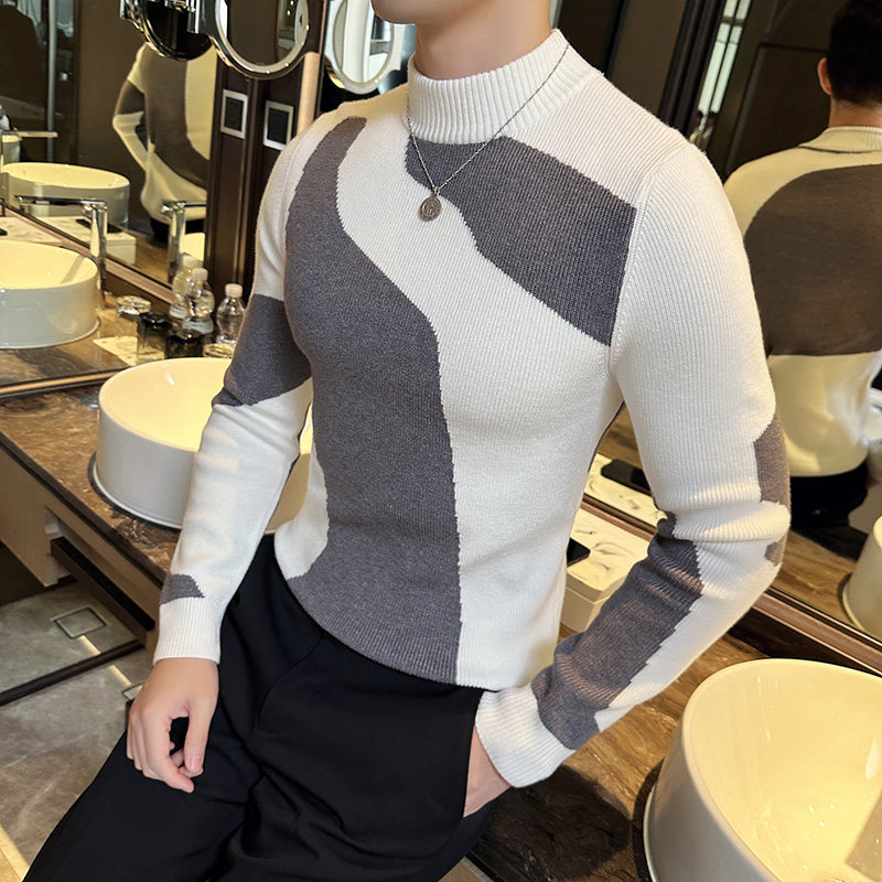 Autumn and winter new style British slim fit color-blocked half turtleneck long-sleeved sweater knitted bottoming shirt for men