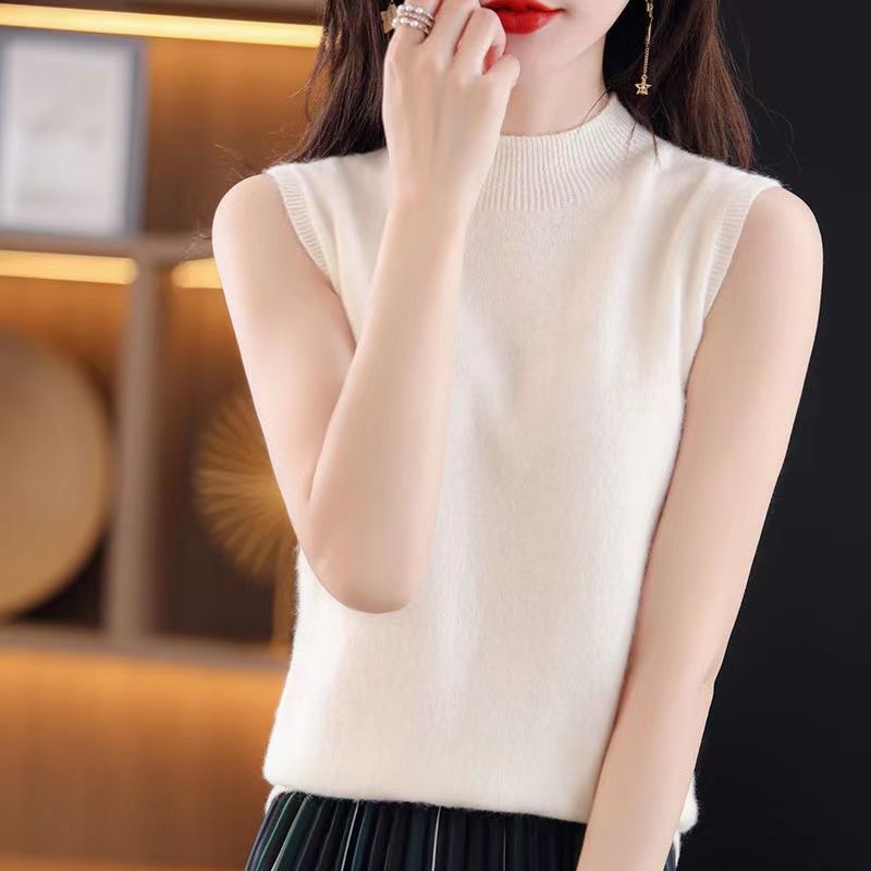Sleeveless women's half turtleneck halter top for women with wool knitted sweater loose vest core-spun yarn