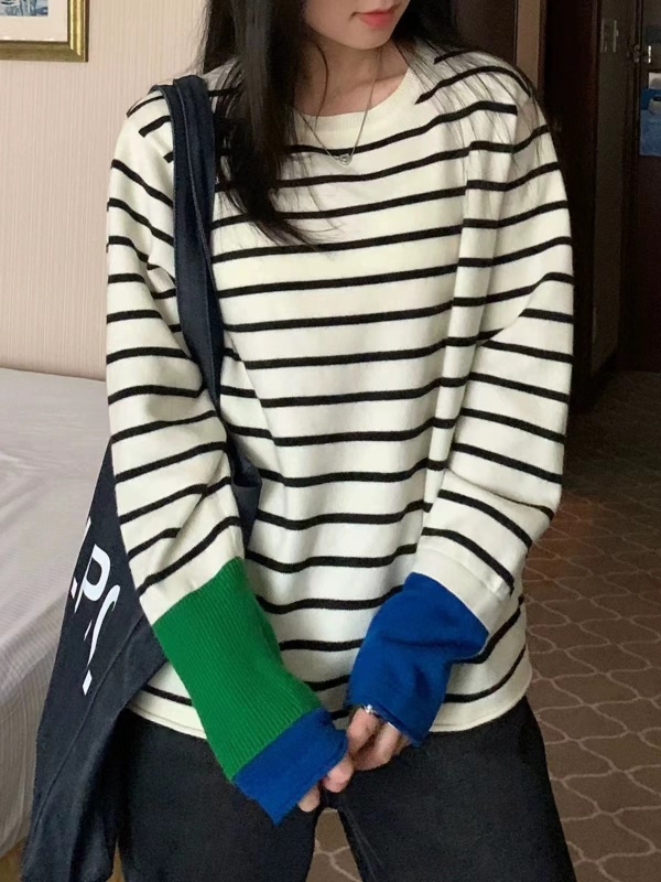 Color block sleeves striped round neck sweater for women Korean style sweater pullover 2024 new arrival bottoming sweater