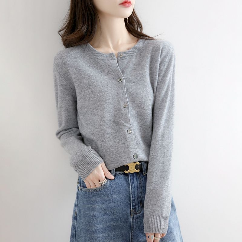 Spring and Autumn Women's Maillard Cardigan Round Neck Top Jacket Solid Color Knitted Sweater Versatile Korean Style Jacket