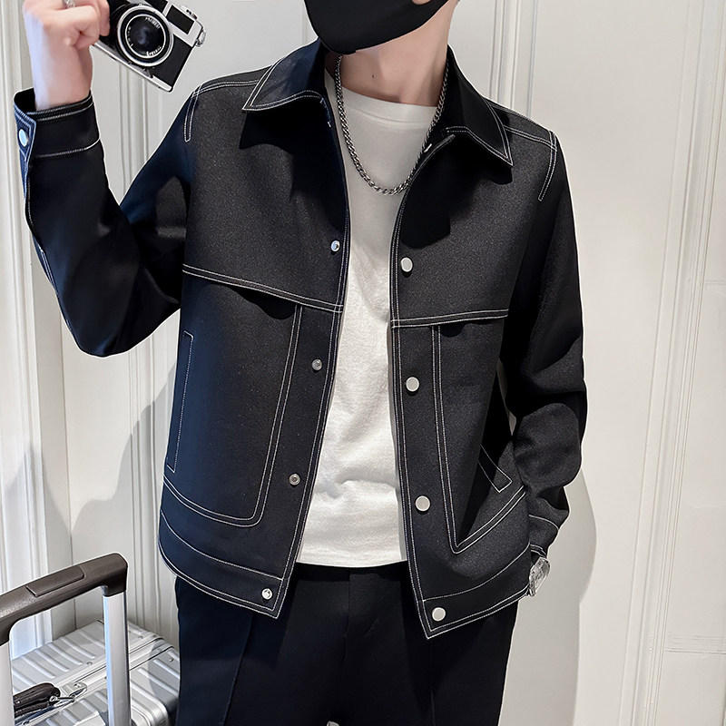 Autumn young mature boy denim topstitched solid color casual jacket shopkeeper style
