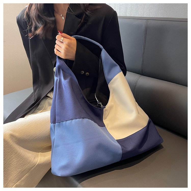 Niche design autumn and winter large capacity contrast color bag splicing denim bag fashionable casual tote bag single shoulder canvas bag for women