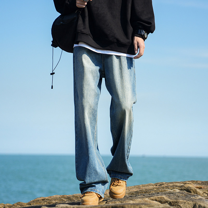 Autumn trendy brand retro washed jeans men's loose straight wide-leg pants American casual all-match pants