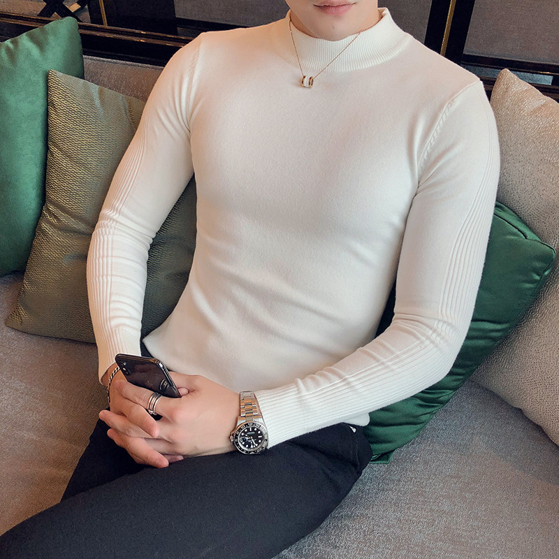 Half turtleneck sweater for men, autumn and winter casual solid color slim long-sleeved mid-collar knitted bottoming sweater