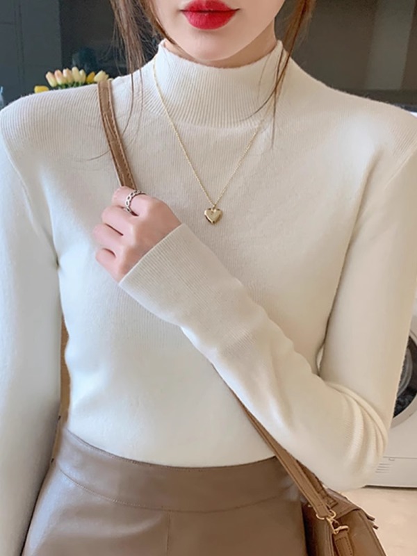 Half turtleneck bottoming shirt for women in spring and autumn, haze blue tight knitted inner sweater, stylish Korean style threaded top