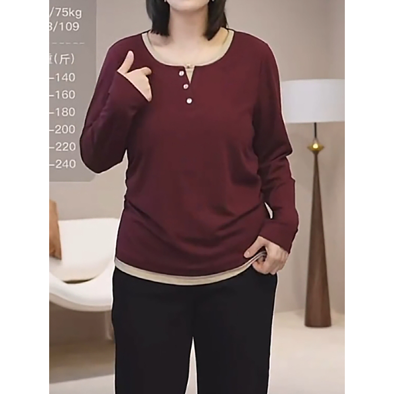 Plus size women's early autumn pure cotton fake two-piece long-sleeved right shoulder T-shirt for fat mm to look slim and cover the belly with a bottoming shirt top