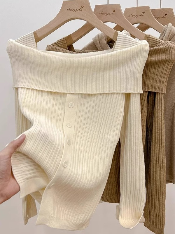 One-shoulder off-shoulder oblique-shoulder knitted cardigan women's jacket spring and autumn high-end sweater with slim and chic top