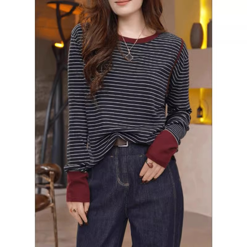 European striped cotton long-sleeved bottoming shirt 2024 autumn large size fat mm fashionable design slim inner top