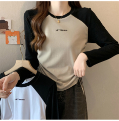 Early autumn contrasting color drawstring versatile long-sleeved design T-shirt