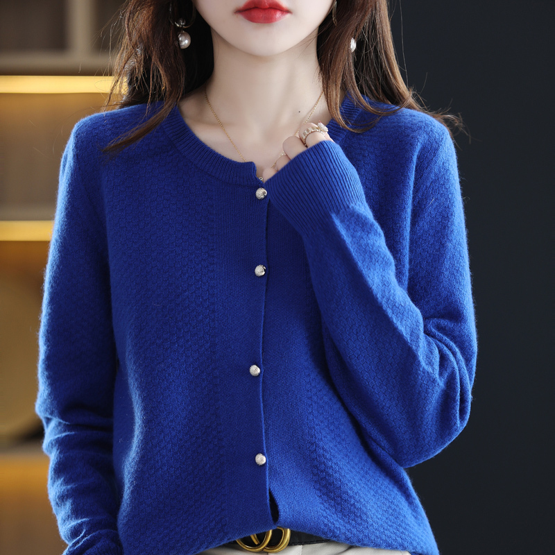Round neck wool knitted cardigan women's autumn and winter loose top slimming pearl button sweater jacket