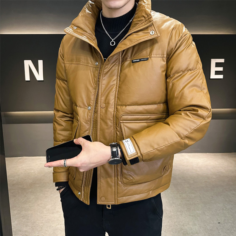 Shopkeeper style leather down jacket men's solid color stand-up collar high-end white duck down men's jacket top