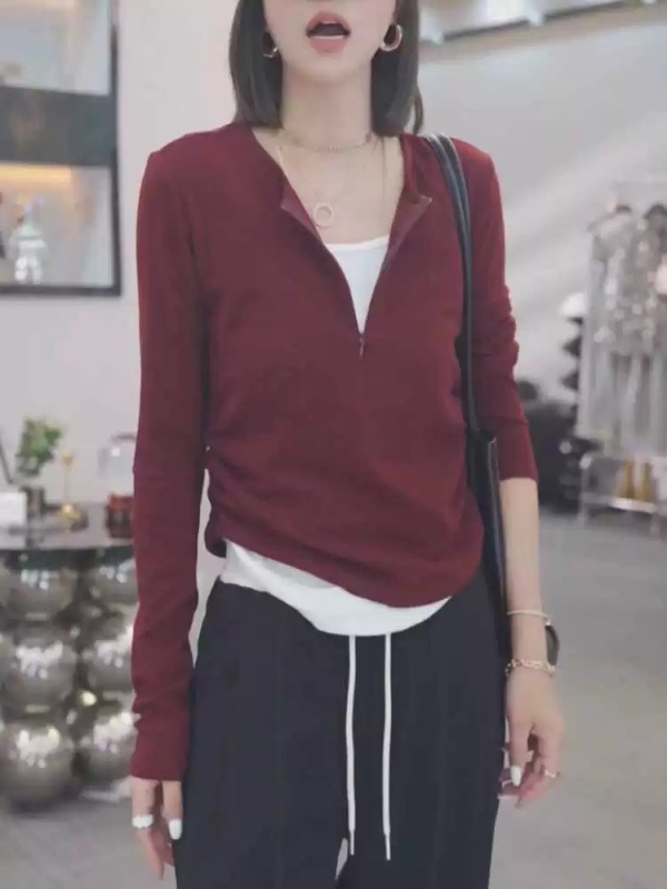 Burgundy fake two-piece long-sleeved T-shirt for women in autumn new large size fat mm slimming waist and belly-covering bottoming top
