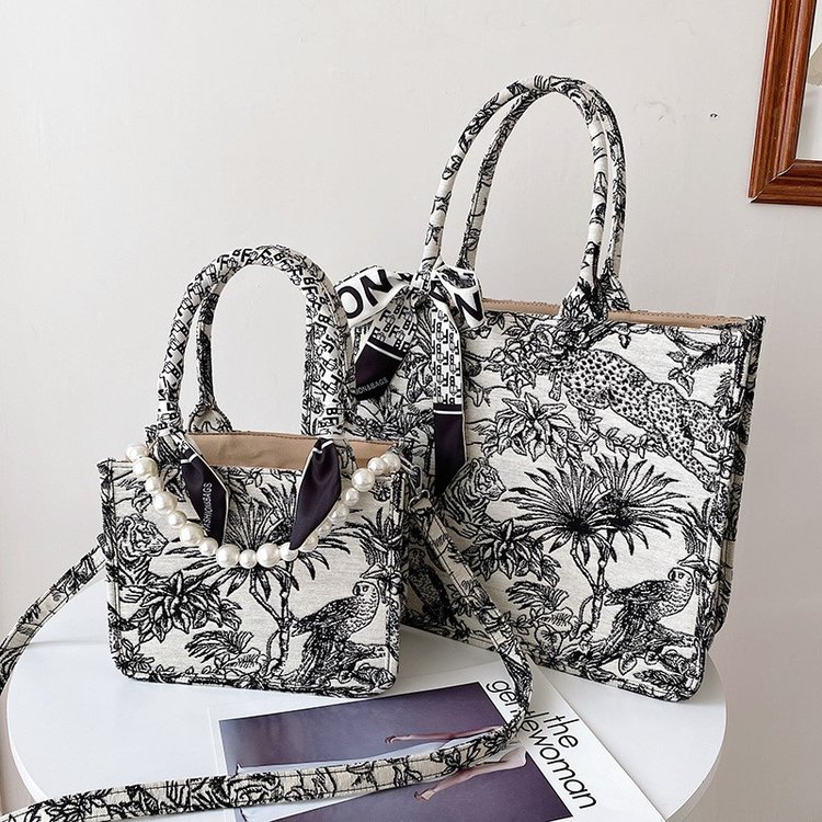Super hot tote bag spring new jacquard embroidered cotton and linen bag large capacity handbag shoulder bag