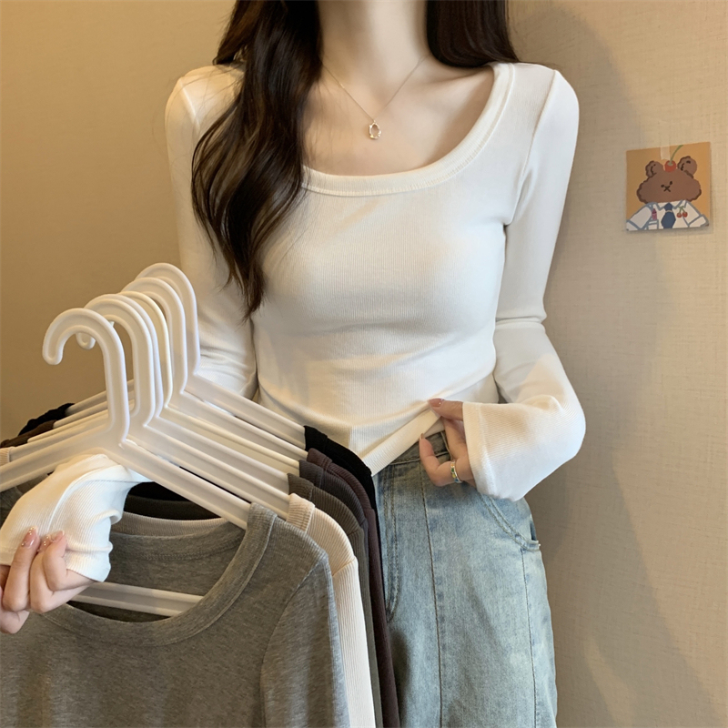 Long-sleeved T-shirt for women in spring, high-end sexy tight-fitting low-necked bottoming shirt with slim and sexy round-neck top